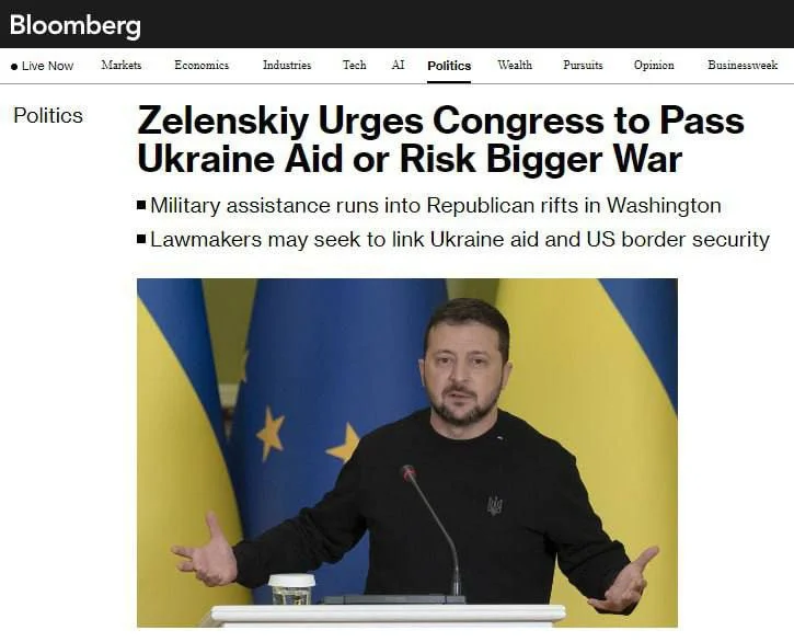 Зеленский призвал Конгресс США одобрить помощь Украине или «рискнуть большей войной» — Bloomberg
